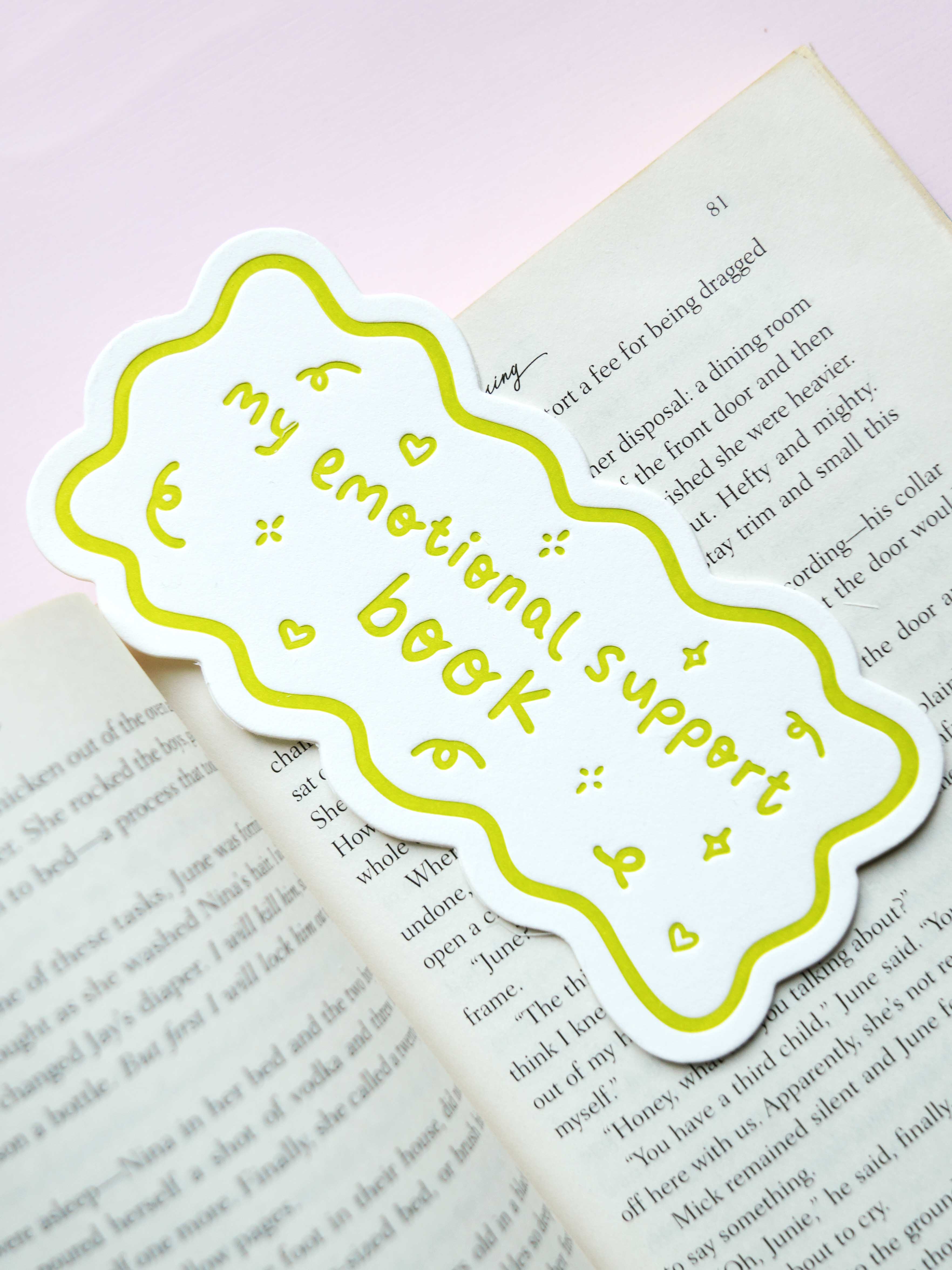 Letterpress Emotional Support Book Bookmark (Lime)